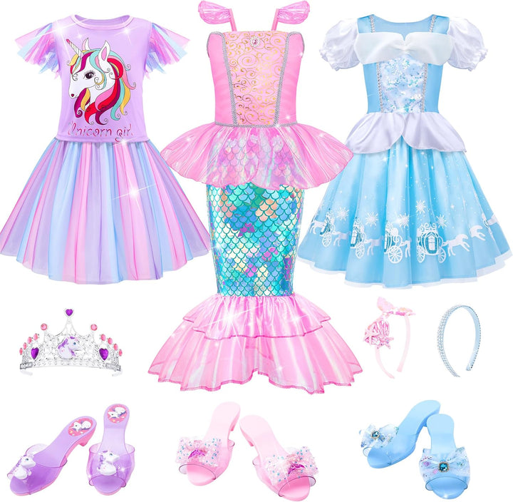 Princess Dress up for Girls 3-6, Dress up Clothes for Girls with Princess Shoes Toy, Birthday Gift for Toddlers Girls