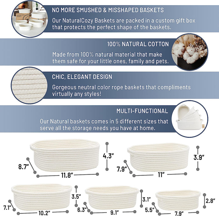 5-Piece Rectangle Storage Basket Set- Natural Cotton Rope Woven for Organizing! Small Basket for Montessori, Baby Nursery, Dog Toy Baskets, Cat Toy Box, Bathroom Organization Bin