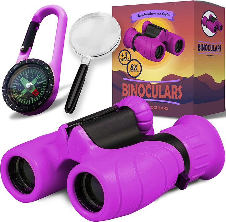 Binoculars for Kids, Set with Magnifying Glass & Compass Purple - Perfect Toy for Little Boys and Girls, Kids Binoculars for 3-12 Years Boys and Girls Present for Toddler