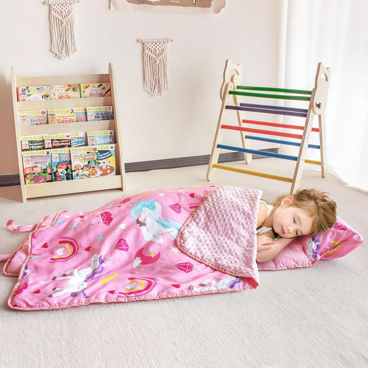Toddler Nap Mat with Removable Pillow and Fleece Blanket, Extra Large 55''X35'' Sleeping Bag, Washable, Light, Easy to Roll Up, Perfect for Daycare, Preschool, Kindergarten, Travel