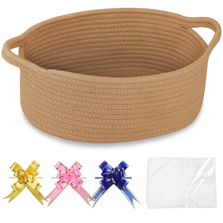 Small Woven Basket with Gift Bags and Ribbons, Gift Basket Empty, Cotton Rope Storage Organizer, Baby Toy Box with Handles, 12" X 8" X 5", Light Pink