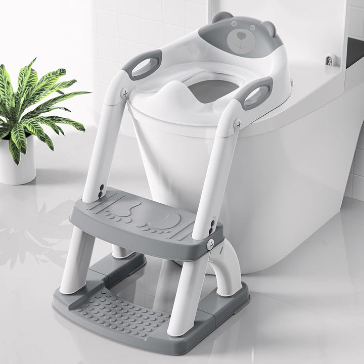 Potty Training Seat with Step Stool Ladder,  Potty Training Toilet for Kids Boys Girls Toddlers - Comfortable Safe Potty Seat with Anti-Slip Pads Ladder Grey