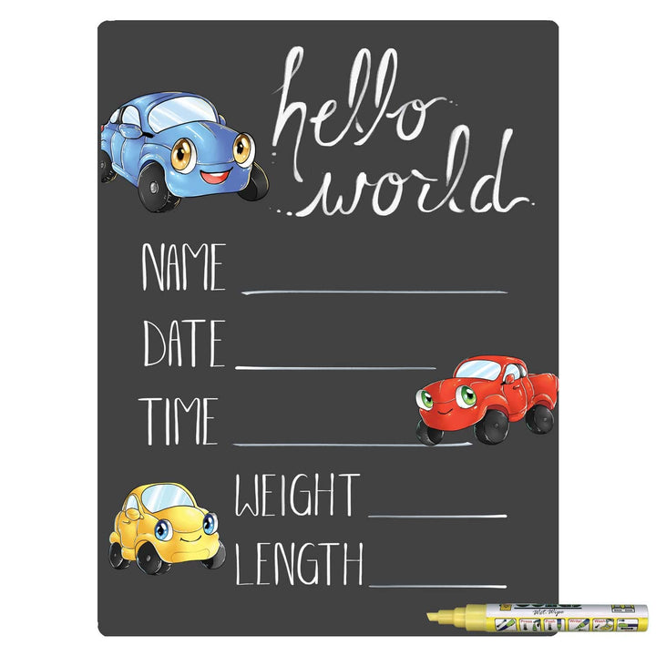 Hello World Newborn Baby Announcement Chalkboard Sign with Automobile Theme, 12 by 16 Inches, No Marker
