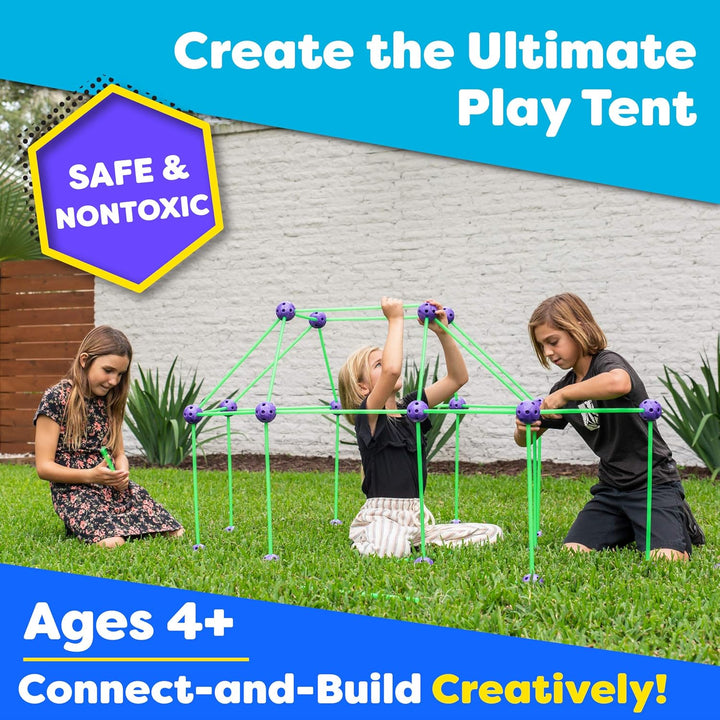Fun Forts Glow Fort Building Kit for Kids - 81 Pack Glow in the Dark STEM Building Toys Indoor Outdoor Play Tent for Kids Construction Toys with 53 Rods and 28 Spheres
