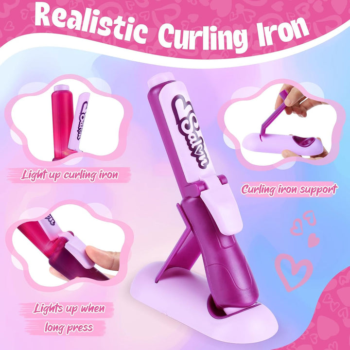 Hair Salon Toys for Girls, 40Pcs Girl Beauty Salon Playset Pretend Hair Styling Set with Hairdryer, Curling Iron, Mirror, Barber Apron and Styling Accessories for Toddler Makeup Party Christmas