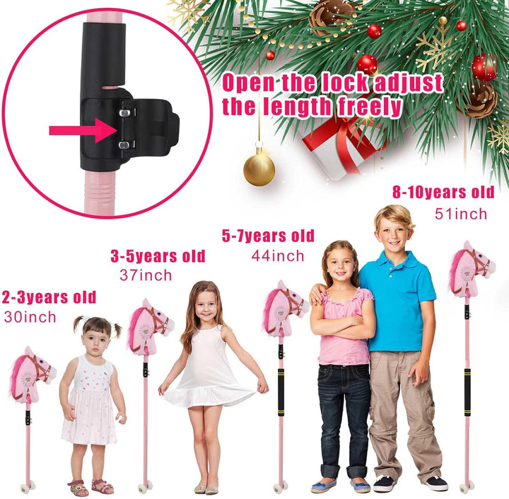Stick Horse, Hobby Horse on a Stick for Children Ages 4-12 Adjustable 30-51" Length with Illuminated Silent Wheels Comfortable Sponge Wrapped Complimentary Battery Realistic Horse Neighs.