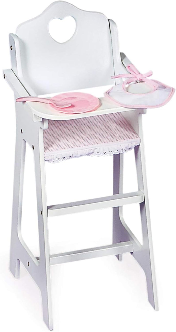 Wooden Baby Doll High Chair - Fits 18" Dolls - Includes Tray, Bib & Free Personalization Kit - Best for Toddler Girls for Pretend Play - White with Pink Gingham Seat
