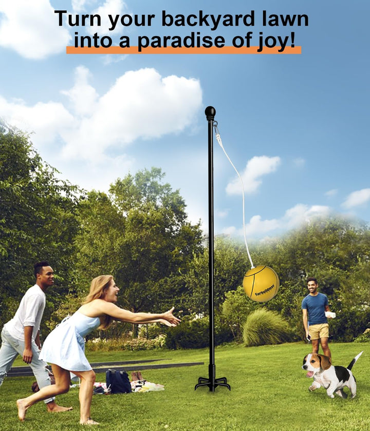 Tetherball Set with Ball & Rope for Outdoor Backyard, Adjustable Tether Ball Pole with Reinforced 5-Prong Base for Playground, outside Ball Games Sports for Kids & Adults, Black