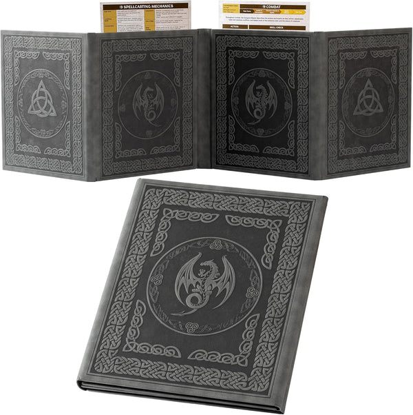DM Screen for DND with 4 Wider Panels - Crystal Clear GM Pockets - Embossed Faux Leather Dungeon Master Screen with Celtic Knot & Dragon Design for D&D 5E & More