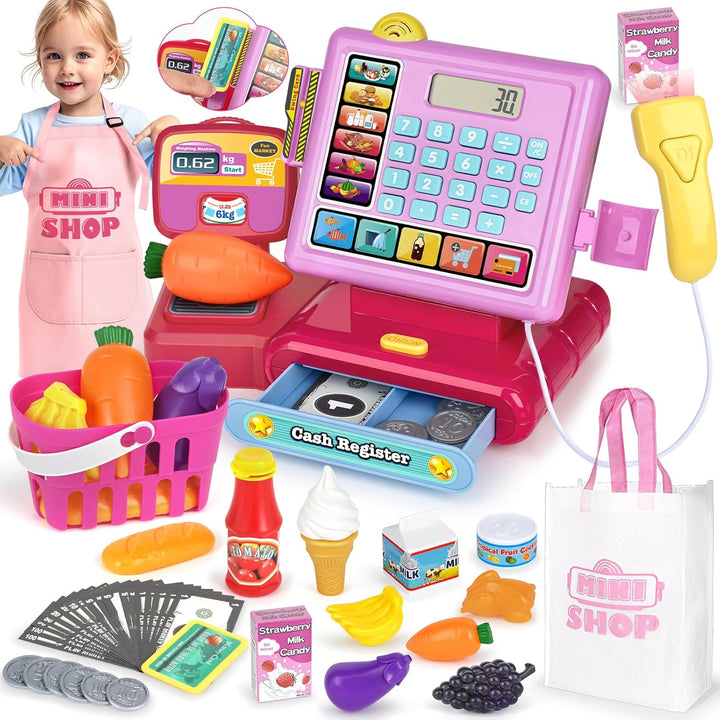 Cash Register Toy for Kids with Real Calculator, Cashier Register with Scanner/Weighter/Credit Card/ Play Money/ Food/Microphone, Pretend Play Store with Apron and Shopping Bag for Kids 3 4 5 6 7
