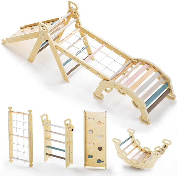 Pikler Triangle Set 7In1 Foldable Baby Climbing Toys Wooden Montessori Climbing Set with Arch&Ramp&Ladder Baby Climber Indoor Jungle Gyms for Toddlers Montessori Toys - Rainbow