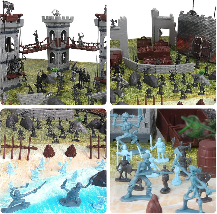 Army Men Action Figures Toy Soldiers Set, Medieval Castle Small Soldiers Military Toy, Plastic Army Men Playset Castle Building Set with Storage Bag and Map