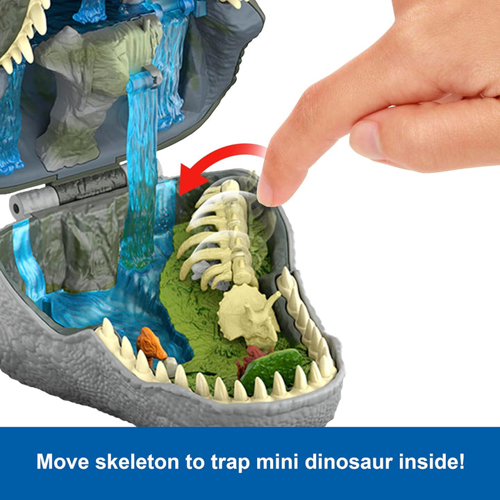Jurassic World Rebirth Micro Adventure Playset, Tyrannosaurus Rex Head Opens to 4 Interactive Features, 3 Micro Figures, T. Rex Dinosaur Toy