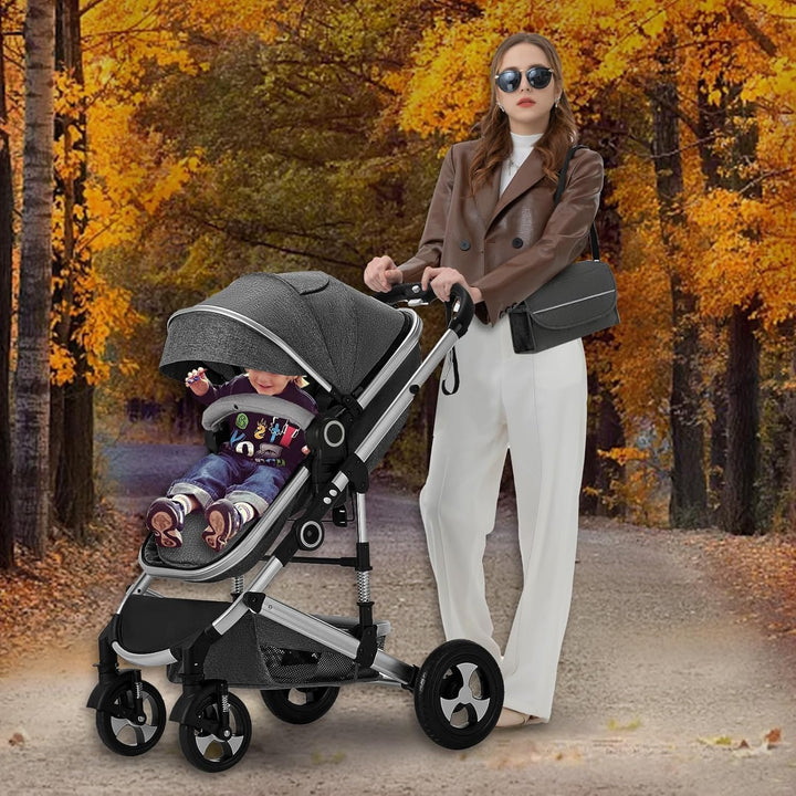 2 in 1 Convertible Baby Stroller, Folding High Landscape Infant Carriage, Newborn Reversible Pram, Diaper Bag, Anti-Shock Toddler Pushchair Stroller, Dark Grey