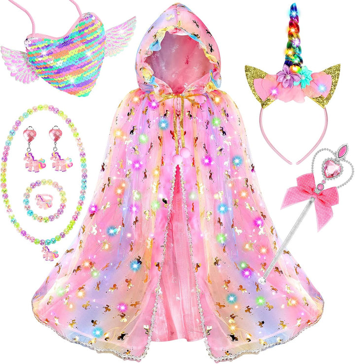 Princess Dress up for Girls,Unicorn Light up Princess Cape Set,Light up Princess Dress with Unicorn Toys for Girls 3-8 Halloween