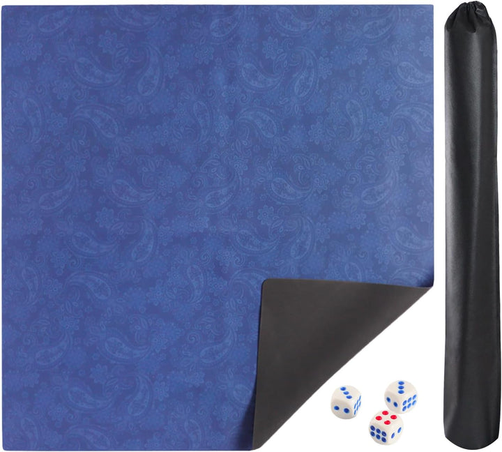 Mahjong Mat, Mahjong Table Mat with Prints & Extra Dice, for Poker, Card, Mahjong, Dominoes Games (Blue, 35 Inches)