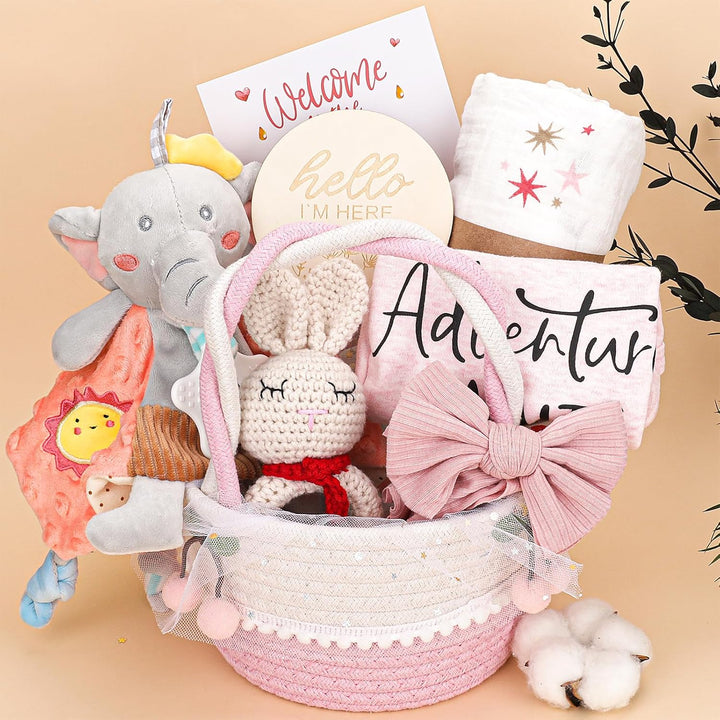 Baby Girl Gifts,Baby Shower Gifts for Girls,New Born Baby Girls Gift,Baby Girl Gift Basket,Unique Baby Gift Essential,Gender Reveal Gifts,Rattle Swaddle Blanket Baby Girl Gifts