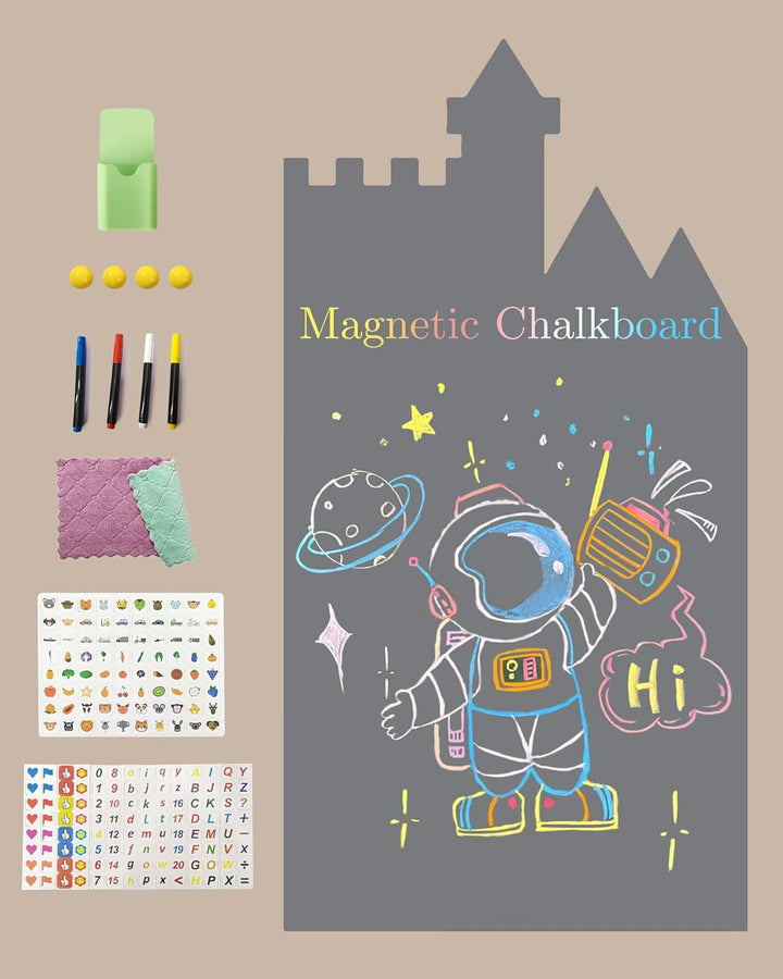 Magnetic Wall Decal for Kids, Magnetic Chalkboard Contact Paper for Wall, Playroom Essentials, Includes Dustless Chalks, Chalk Holder, Wipe Cloth, Stickers (Grey Castle, 22.8" X 46.5")