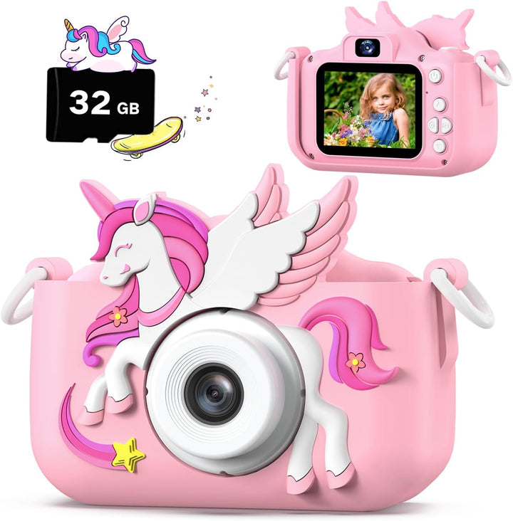 Dinosaur Kids Camera for Boys Girls, Toddler Digital Selfie Camera with Cute Protective Cover and 32G SD Card, Christmas Birthday Gifts Toys for 3 4 5 6 7 8 9 10 11 12 Years Old Little Girls and Boys