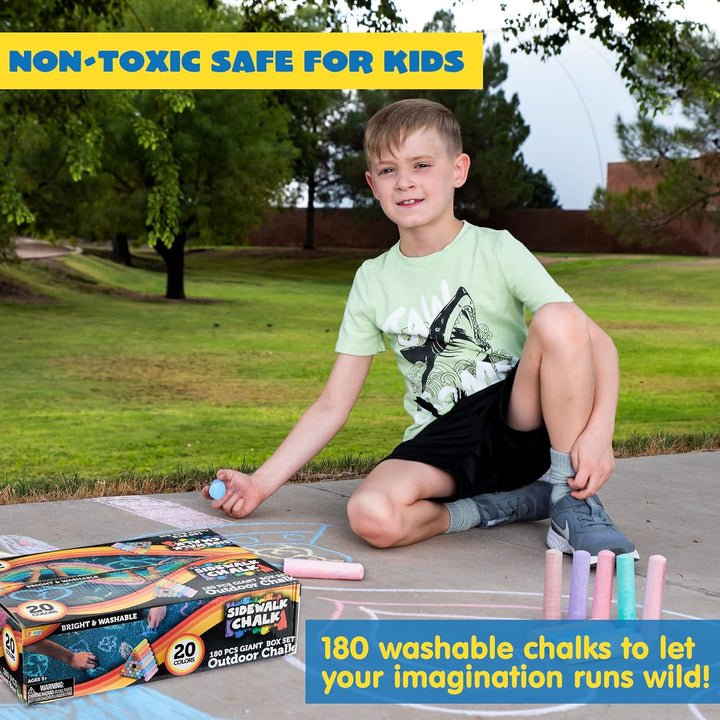 180 PCS Washable Sidewalk Chalks Set in 20 Colors Non-Toxic Jumbo Chalk for Outdoor Art Play, Painting on Chalkboard, Blackboard and Playground