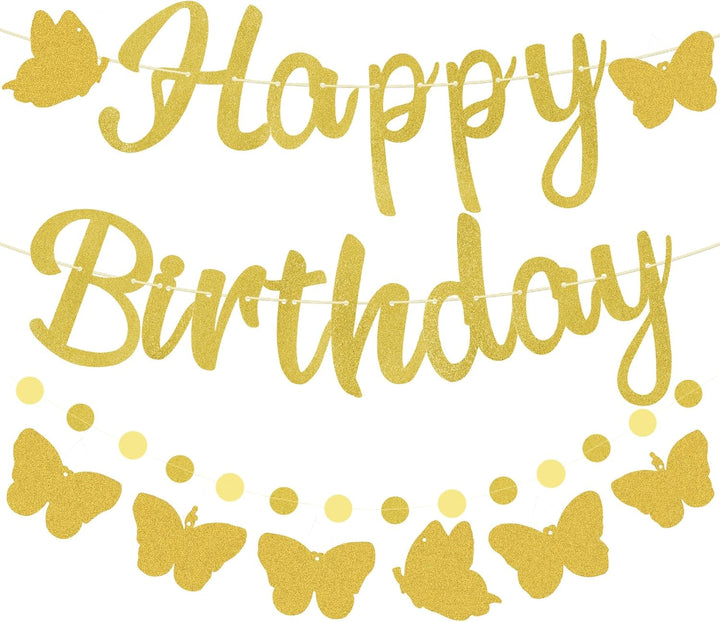 Purple Birthday Decorations, Pre-Strung Happy Birthday Banner with Butterflies and Circle Dot Garland, NO DIY Butterfly Party Decorations for Women Girls Men Boys