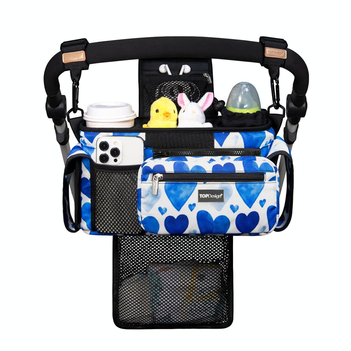 Universal Baby Stroller Organizer, Stroller Caddy with Detachable Mesh Bag & Heightened Insulated Cup Holders & Non-Slip Secure Hooks Accessories, Fits Most Strollers (Checkerboard)