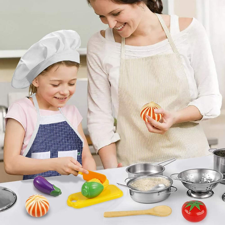 Play Kitchen Accessories, Kids Kitchen Pretend Play Toys, Kitchen Set with Stainless Steel Cooking Utensils Cookware Pots and Pans Set Healthy Vegetables, Knife, Apron, Little Chef Boys Girls