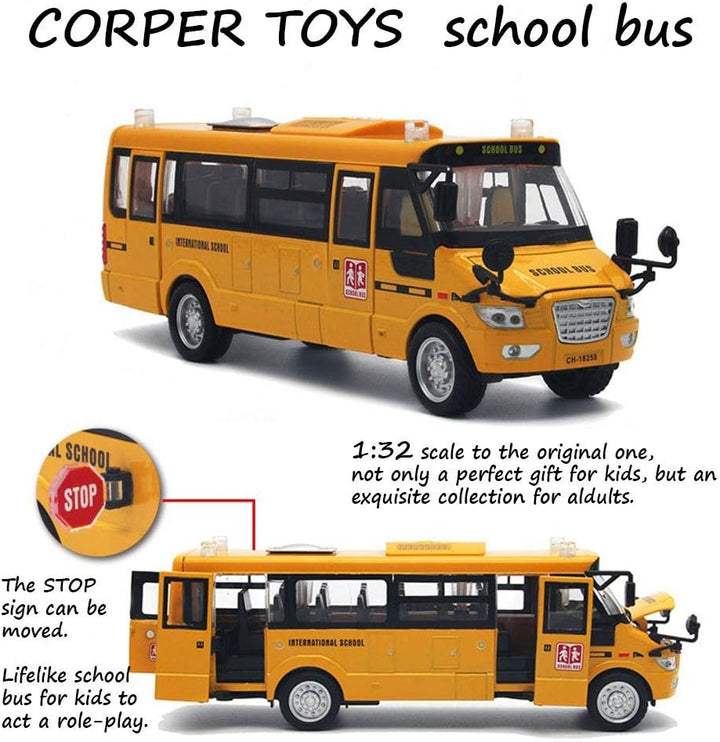School Bus Toy Die Cast Vehicles Yellow Large Alloy Pull Back 9'' Play Bus with Sounds and Lights for Kids