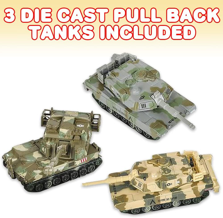 6” Long Pull Back Metal Tank Toys, Set of 3, Diecast Military Vehicles, Camouflage Colors, Army Toys for Boys & Girls, Fun Party Favors, Classroom Prizes, Gifts for Kids