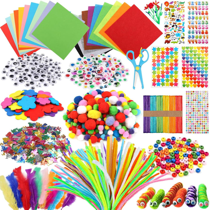 Pipe Cleaners Craft Supplies, 1500+Pcs Arts and Crafts Supplies Including Pipe Cleaner Wiggle Googly Eyes Pom Poms Feathers Sticks Sequins Foam Flowers Papers Felt Stickers