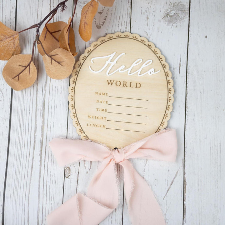 Baby Announcement Sign 6.5 Inch Wooden Hello World Newborn Welcome Sign Birth Baby Name Plaques for Photo Props Baby Shower Hospital Nursery (BOW CUT)