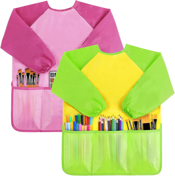 2 Pack Kids Art Smock,Kids Painting Apron,Children Artist Aprons with Long Sleeve 3 Pockets for Toddlers 3-6 Years