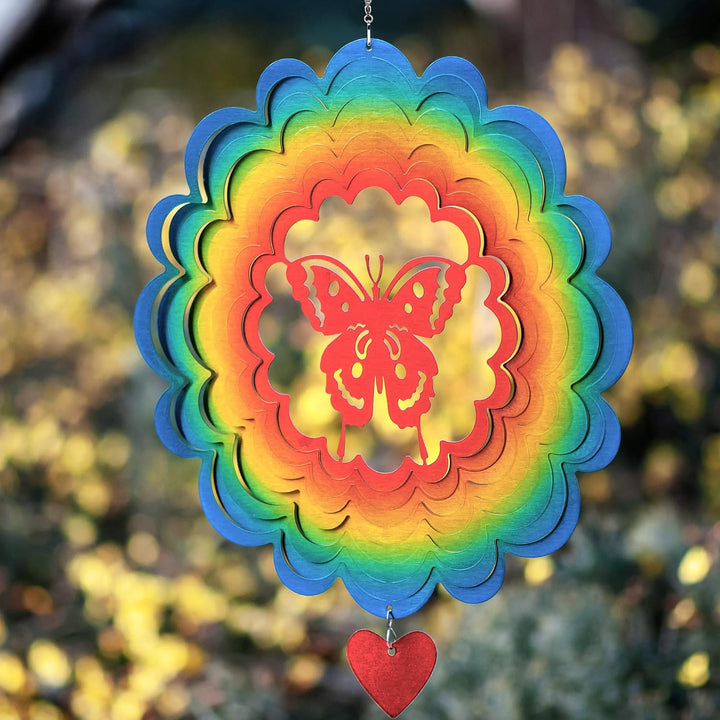 Wind Spinner - 12-Inch 3D Stainless Steel Lovebird Design with Heart Pendant - Laser Cut Metal Art Geometric Pattern - Hanging Kinetic Yard Garden Decor