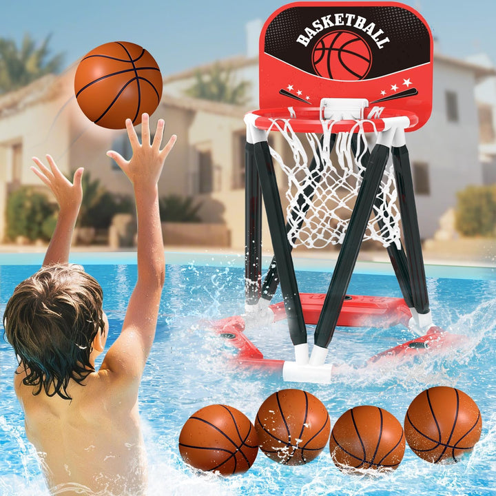 Pool Basketball Hoop, Floating Basketball Hoop Toy for Pool Water Game with 4 Basketballs Summer Swimming Pool Games for Kids 3-12 Indoor Outdoor Play (Blue)