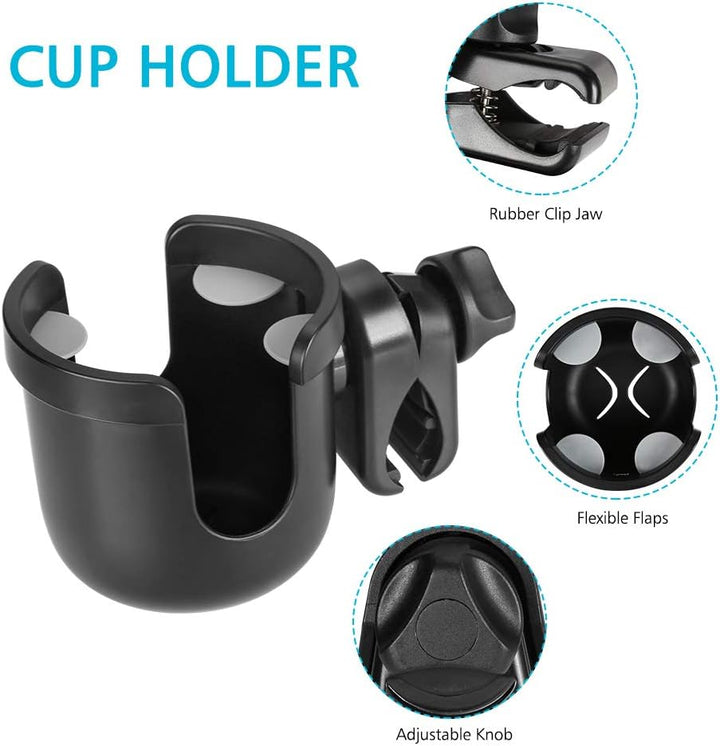 Stroller Cup Holder, Universal Cup Holder, Bike Cup Holder, 360° Rotatable Large Caliber Drinks Holder for Stroller, Bike, Wheelchair, Walker, Black