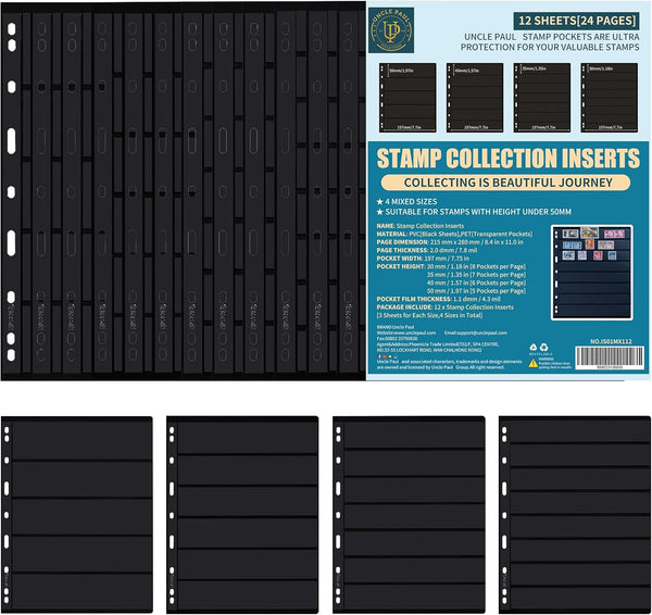 Stamp Collection Inserts - Collector Stamp Album 12 Sheets with 4 Mixed Sizes for Stamp Collection Binder Kit IS01MX112