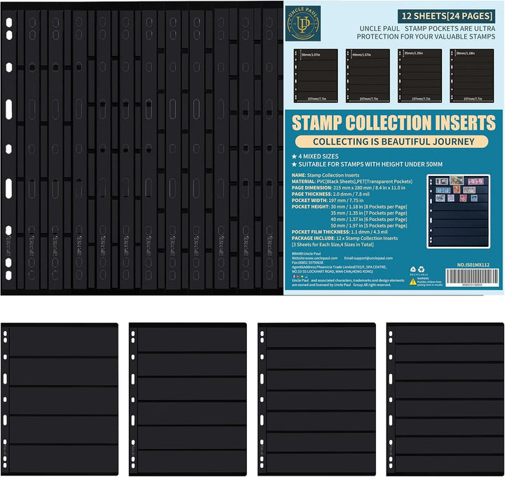 Stamp Collection Inserts - Collector Stamp Album 12 Sheets with 4 Mixed Sizes for Stamp Collection Binder Kit IS01MX112