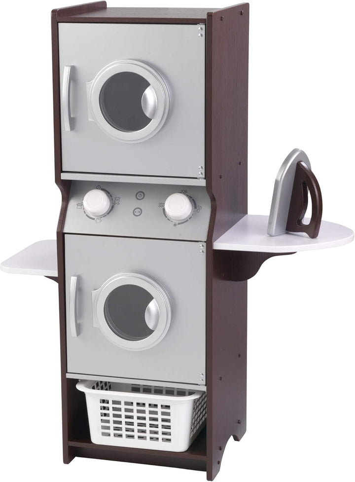 Laundry Playset Children'S Pretend Wooden Stacking Washer and Dryer Toy with Iron and Basket, Espresso, Gift for Ages 3+