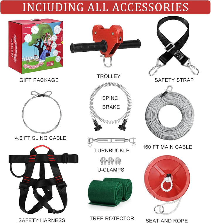 160 Feet Backyard Zip Line Kit for Kids and Adult up Outdoor to 330Lb with Stainless Steel Ziplines Spring Brake and Safety Harness, Christmas and Birthday Gifts for Kids(Red)
