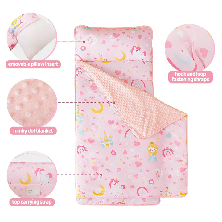 Toddler Kid Nap Mat for Preschool, Girls Pink Princess Slumber Bag, Daycare Sleeping Bag with Pillow and Blanket, Kindergarten Sleep Mat