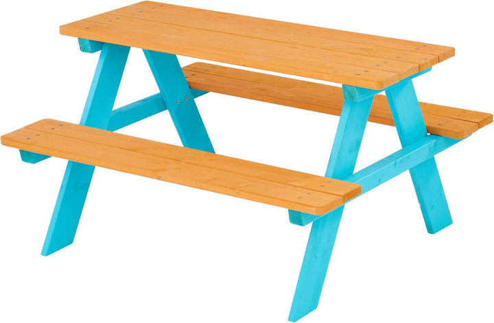 - Wooden Outdoor Child Children Kids Picnic Table & Chair Bench Set - Brown/Aqua