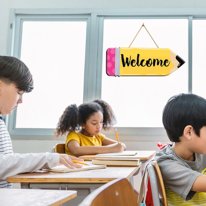 Back to School Welcome Sign Cute School Pencil Wooden Hanging Decoration Welcome Back to School Door Hanger for Teacher Student Classroom Front Porch