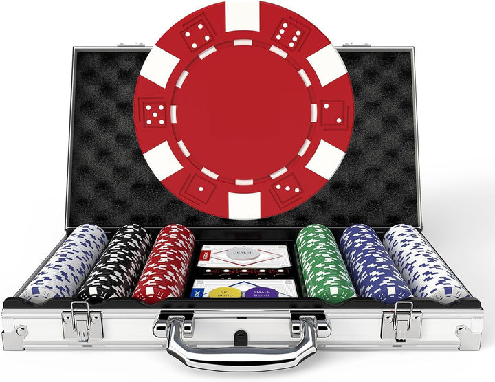 Poker Set with Denominations, 300-Pcs 11.5G Weighted Numbered Chips, 5 Dice, 2 Decks with Compact Aluminum Case for Texas Hold'Em, Blackjack, Age 8 and Plus