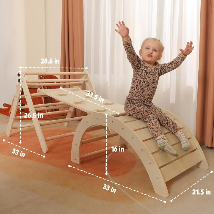 Pikler Triangle Set with Cushion Large, 5 in 1 Toddler Climbing Toys Indoor, Montessori Foldable Climbing Set for Kids, Wooden Playground Jungle Gym with Ramp, Arch and Ladder (Wooden Color)