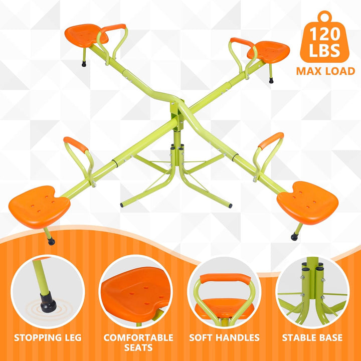 Teeter Totter Kids Seesaw, Outdoor Playground Equipment 360 Degrees Rotate All Steel Extendable Tubes for Toddlers Children Backyard, Green and Orange, 4 Seat