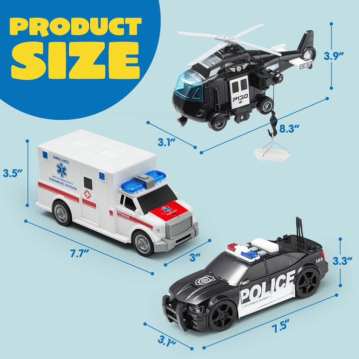 Toddler Truck Toys for 3 4 5 6 7 Year Old Boys - Police Car Toy Set, Emergency Vehicle Playset, Friction Powered Car with Lights and Sounds, Christmas Birthday Gifts for Boys Girls Age 3-9