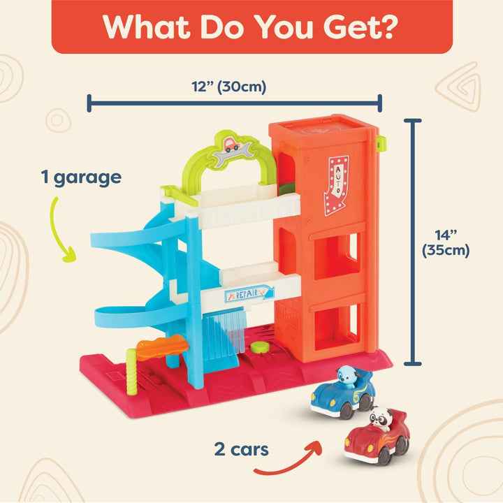 – Bingo’S Garage – Vehicle Playset Car Garage with Spiral Ramp – Working Elevator with 2 Toy Cars – 3 Floor Playset – 18+ Months