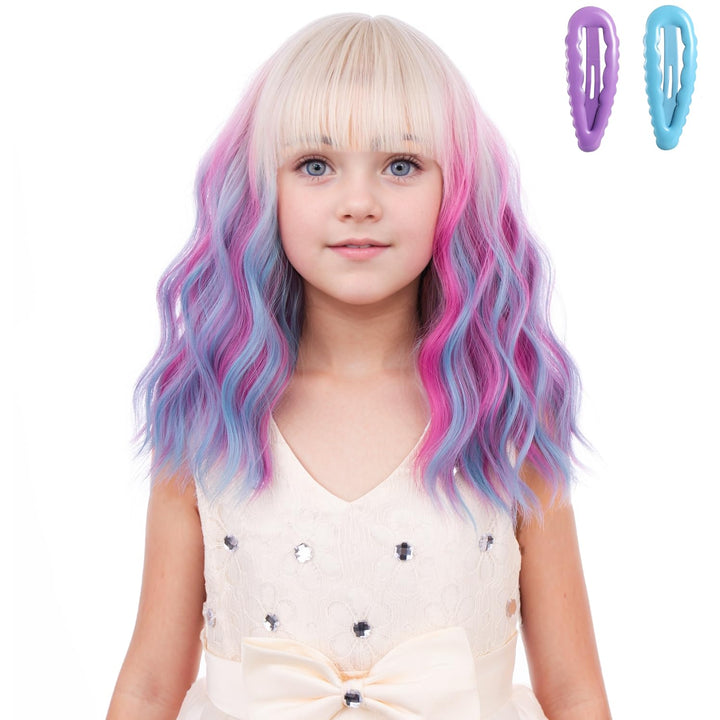 Blonde Wig Kids Child Short Wavy Wig with Bangs Flaxen Blonde Wigs Synthetic Girls Cosplay Halloween Party Costume Wigs (Flaxen Blonde)