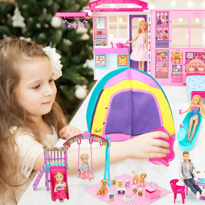Doll House Portable & Foldable Dollhouse W/ 60+ Pcs & 2 Dolls, Play House Toy with Bedroom Kitchen Furniture Camping Playset, Playhouse Birthday Gift for Girl Kid Toddler