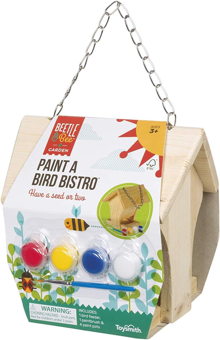 Beetle & Bee Build a Bird Bungalow - DIY Kid Art Craft Outdoor Birdhouse Kit, House Painting Kit for Kids, Hardware Glue Included- 4 Paints, 1 Brush, 7 Wooden Pcs, Chain for Tree Hanging Age 5+